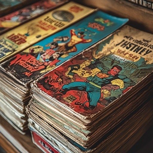 Stapel alter, farbenfroher US-Comichefte mit geprägten Gebrauchsspuren