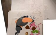 Handgezeichnete Animationsskizzen mit einer farbigen Kater-Karlo-Figur